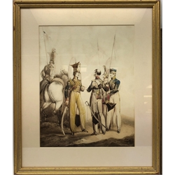  William Heath (British 1795-1840): Military Costume, watercolour signed and dated 1818, 34cm x 27cm 'Military Incidents', 19th century hand coloured engraving 26cm x 37cm (2)  