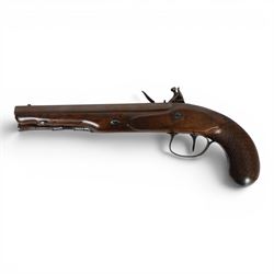 19th century British flintlock pistol by Tatham and Egg, with 21cms Damascus steel sighted barrel with original browning, marked along the top Tatham and Egg London, ramrod beneath, tang and trigger guard engraved with floral scrolls, figured walnut stock with chequered grip and steal butt plate, together with Dixon & Sons Sheffield, three way pistol powder flask, pistol overall L34cm