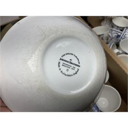 Johnson Bros Indies pattern tea and dinner wares, painted metal female bust on wooden plinth, three radios including one Roberts, Zenit B camera body, Polaroid 1000 land camera, Lorus wristwatch, and other ceramics etc, in four boxes