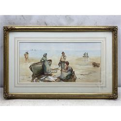 W Gozzard (British 20th Century): Fisherfolk, watercolour signed 24cm x 49cm 