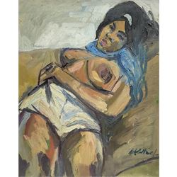 Peter Collins ARCA (British 1923-2001): Reclining Nude with Blue Headscarf, oil on canvas signed 60cm x 50cm
Provenance: Studio sale: The late Georgina and Peter Collins Collection, ‘The Contents of Stanley Studios, Chelsea’; Sulis Fine Art.
