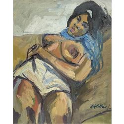 Peter Collins ARCA (British 1923-2001): Reclining Nude with Blue Headscarf, oil on canvas signed 60cm x 50cm
Provenance: Studio sale: The late Georgina and Peter Collins Collection, ‘The Contents of Stanley Studios, Chelsea’; Sulis Fine Art.
