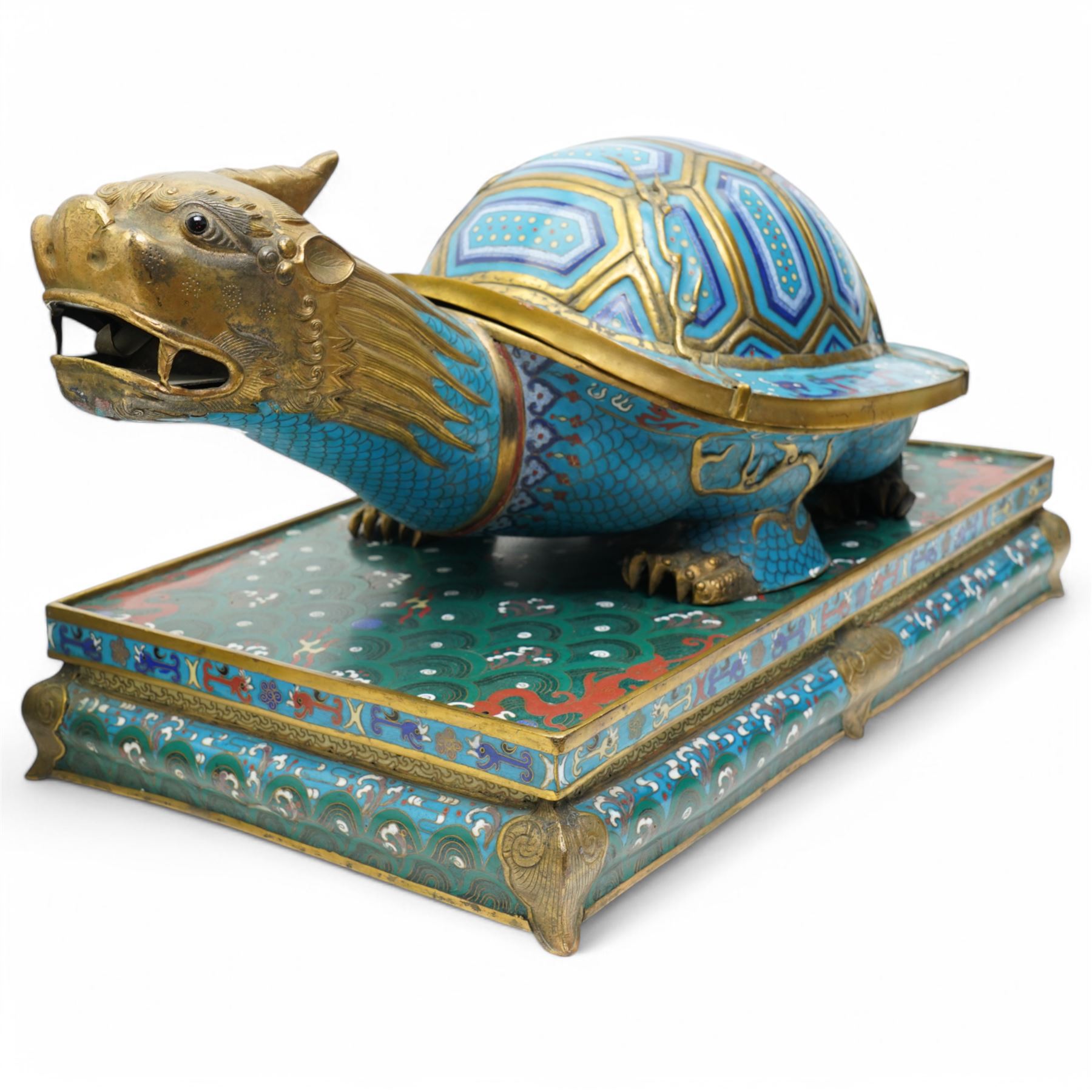 Pair of Chinese 20th century cloisonne dragon turtles with lidded shells, on rectangular bases 45cm x 27cm x 28cm