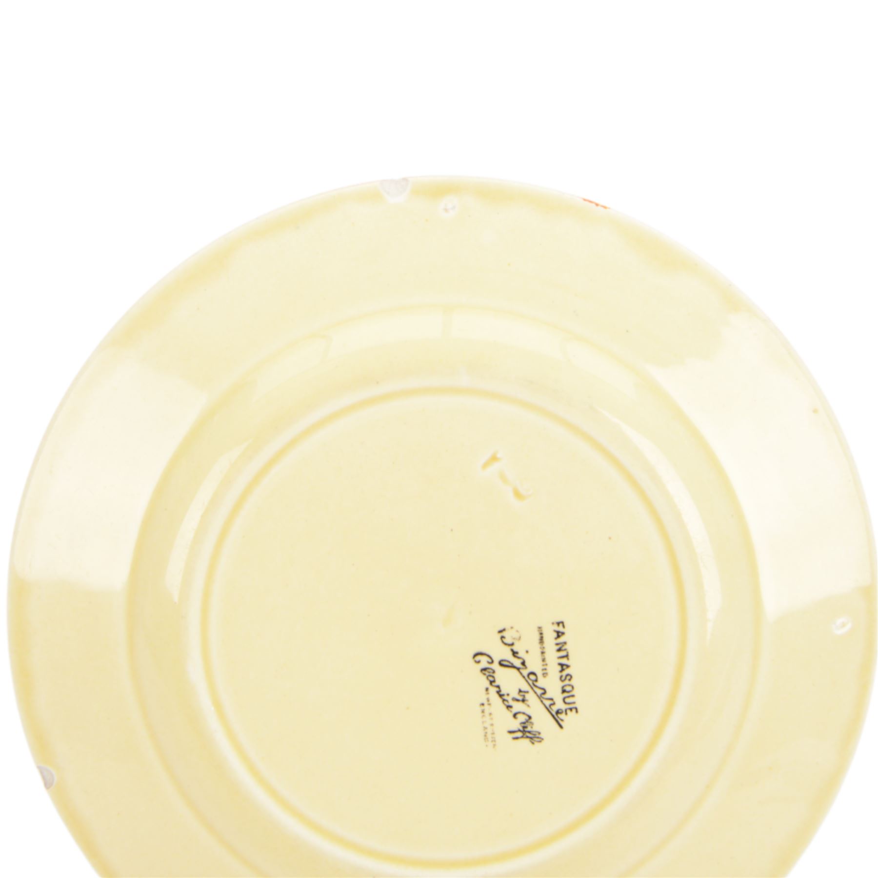 Clarice Cliff Orange Trees & House pattern side plate circa 1931, hand painted with a stylised tree and cottage landscape with orange and black banding, with printed mark beneath, together with a Clarice Cliff Spring Crocus pattern side plate, with printed mark beneath, largest D20cm  