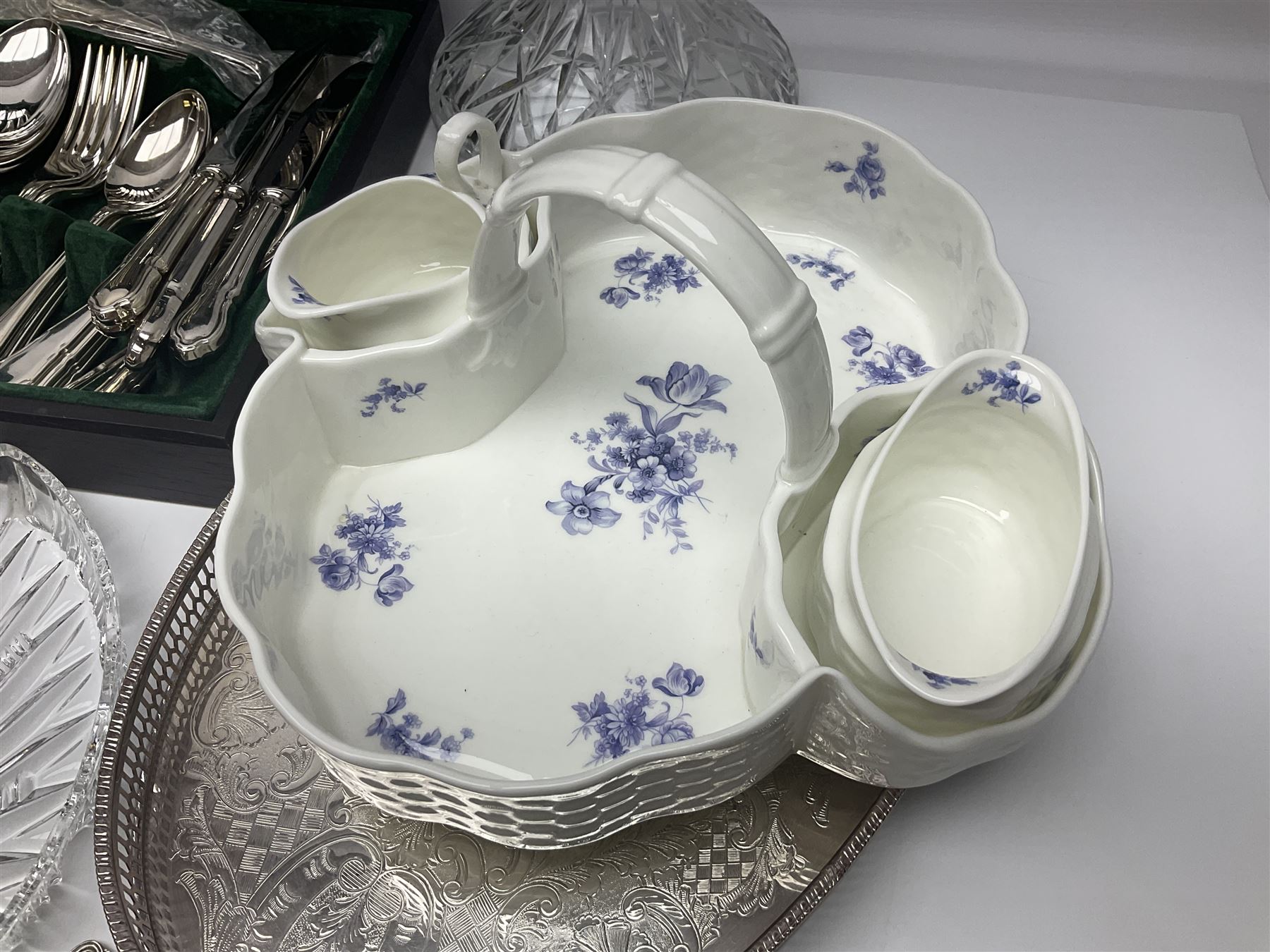 Canteen of cutlery together with Coalport basket, glass decanters and other collectables 