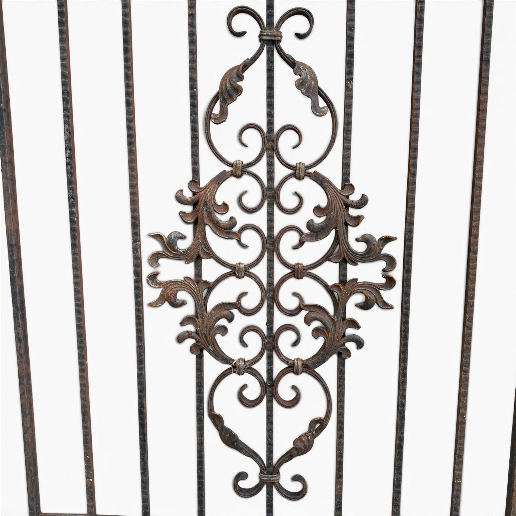 Victorian wrought iron vineyard gate, with ornate scrollwork and foliate acanthus leaf decoration, shaped cresting and central decorative panel, finished in rustic black painted finish