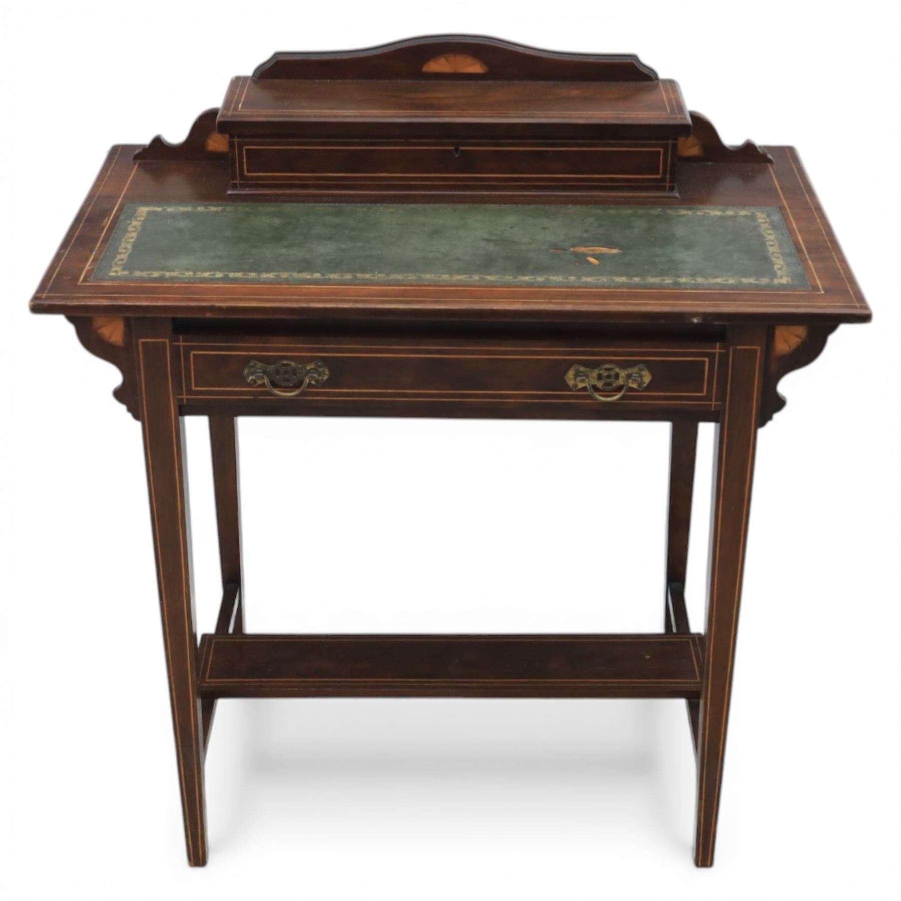 Edwardian inlaid rosewood writing desk, with raised back for an ink well, tooled green leather inset top, above a single drawer, raised on tapering square supports united by an undertier