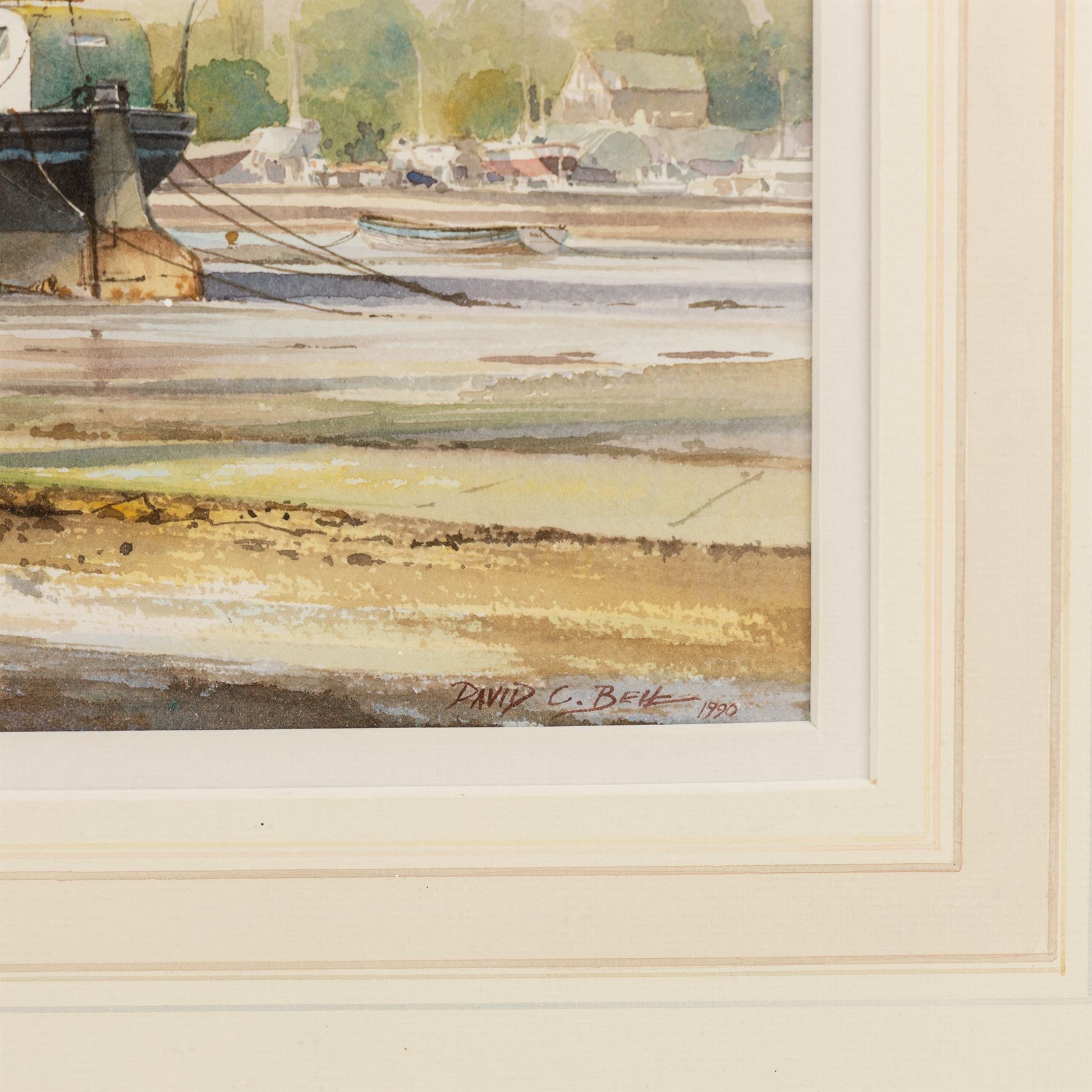 David C Bell (British 1950-): ‘Barges Under Repair – The Hard Pin Mill’, watercolour signed and dated 1990, titled verso 29cm x 48cm