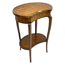 French style walnut parquetry kidney shaped table, fitted with frieze drawer, on cabriole supports united by undertier
