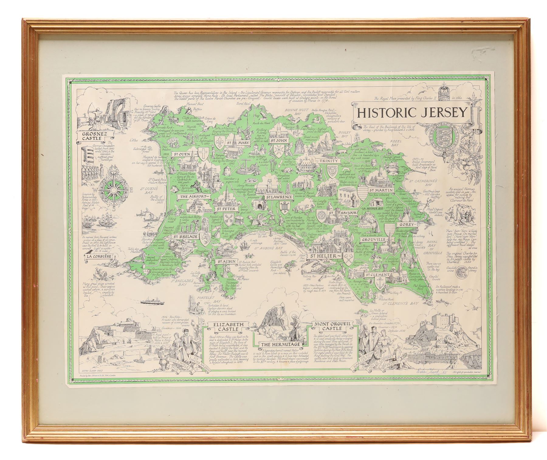 Estra Clark (British 1904-1993): 'Historic Jersey', pictorial colour map of Jersey with important events and places described pub. Ben Johnson & Co, York 1957, signed and dated '85 in pen 40cm x 56cm