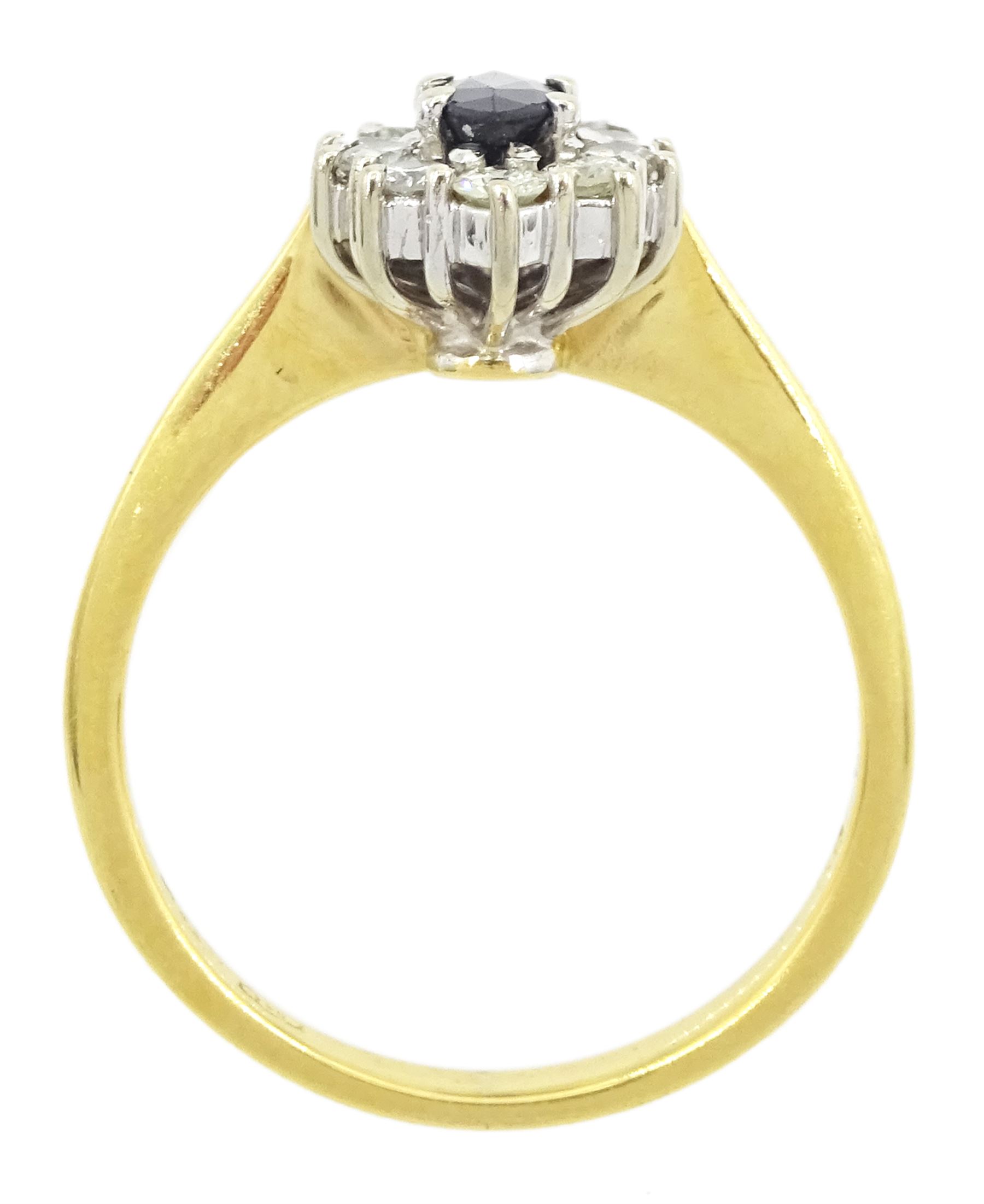 18ct gold marquise cut sapphire and round brilliant cut diamond cluster ring, London import mark 1986, total diamond weight approx 0.30 carat