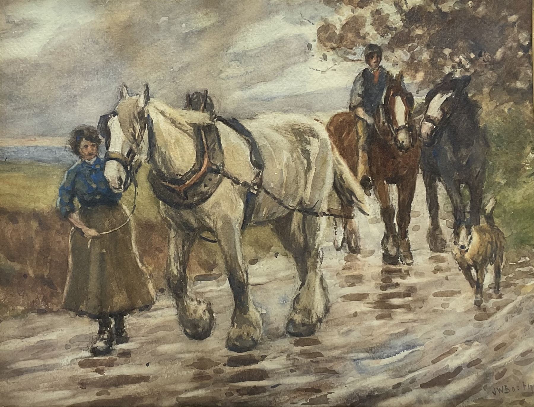 James William Booth (Staithes Group 1867-1953): Bringing Home the Horses, watercolour signed 33cm x 43cm