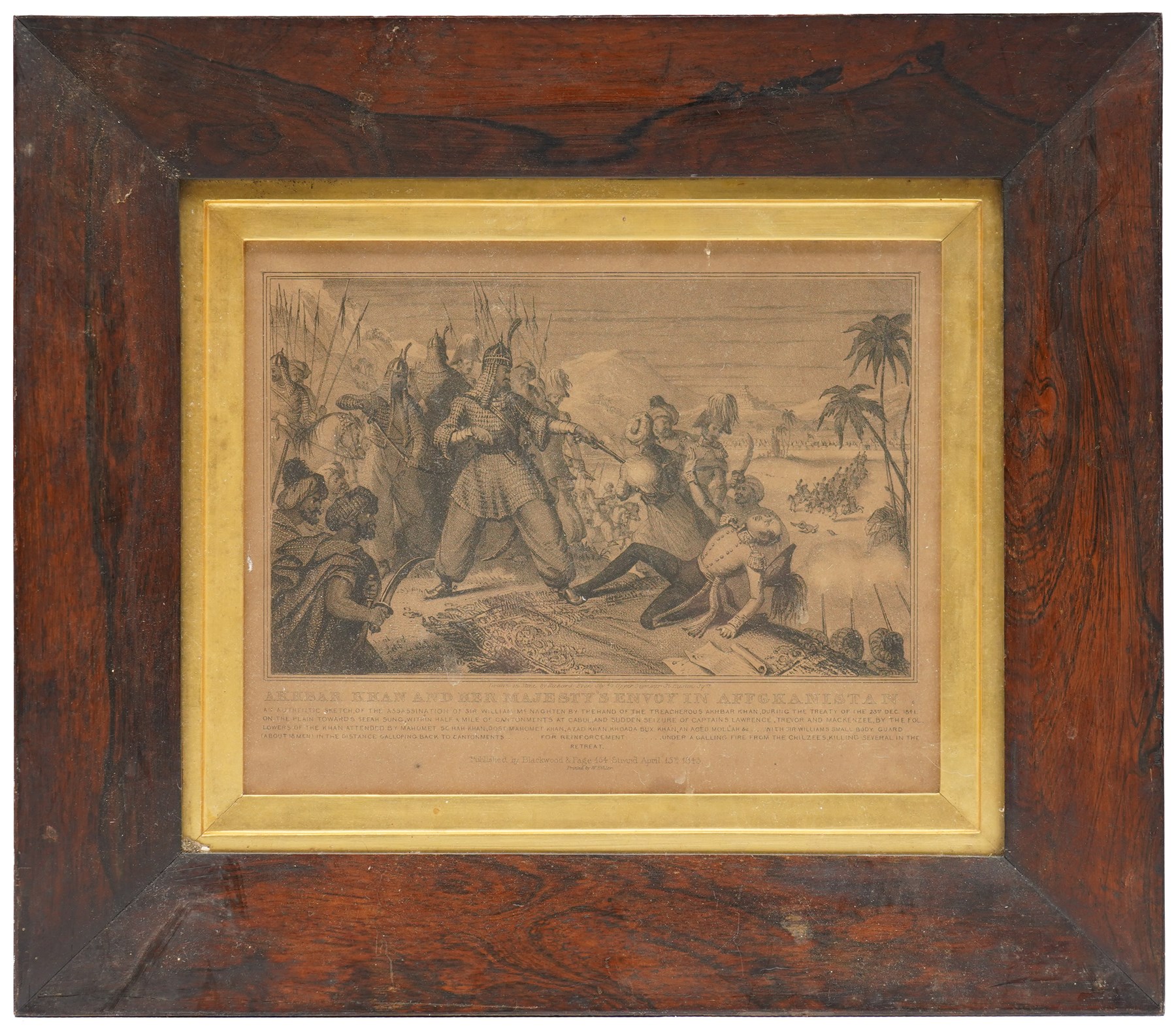 After Richard Evan Sly (British fl. 1839-1847): Akhbar Khan and Her Majesty's Envoy in Afghanistan, monochrome lithograph unsigned p.1843 by Blackwood & Page, in a rosewood frame 15cm x 24cm