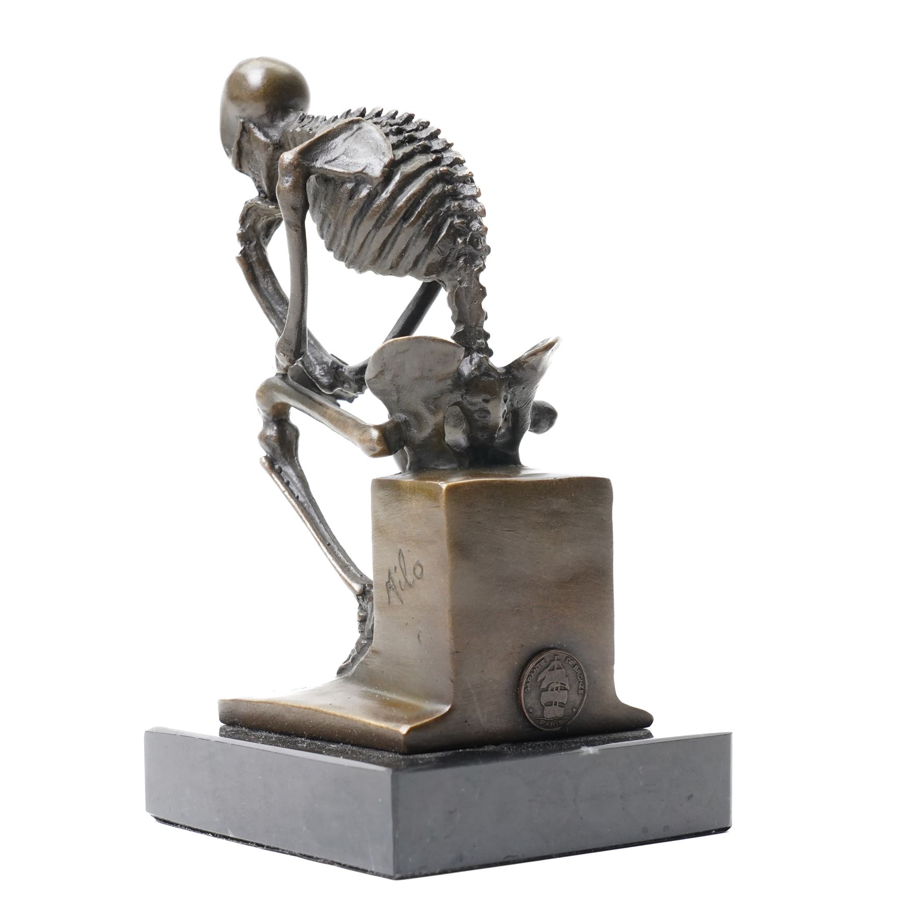 Bronze skeleton modelled as 'The Thinker', on black marble base, signed 'Milo' to plinth, H14cm