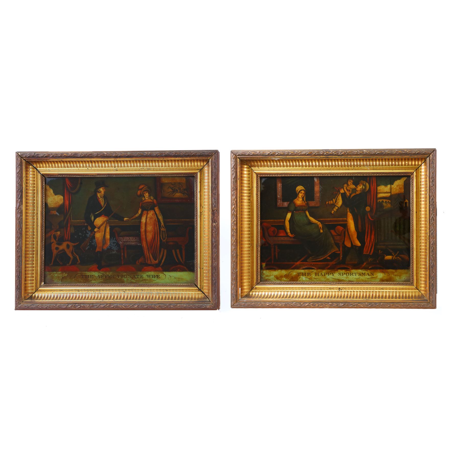 Pair of 19th century coloured reverse glass prints, The Affectionate Wife and The Happy Sportsman, H36cm, L46cm