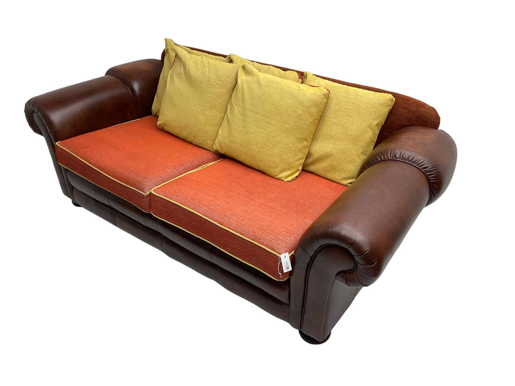 Gainsborough Lounge Suites - three piece leather and fabric lounge suite - pair two seat sofas (W225cm, H82cm, D105cm), and matching armchair (W88cm), on turned front feet with scatter cushions
