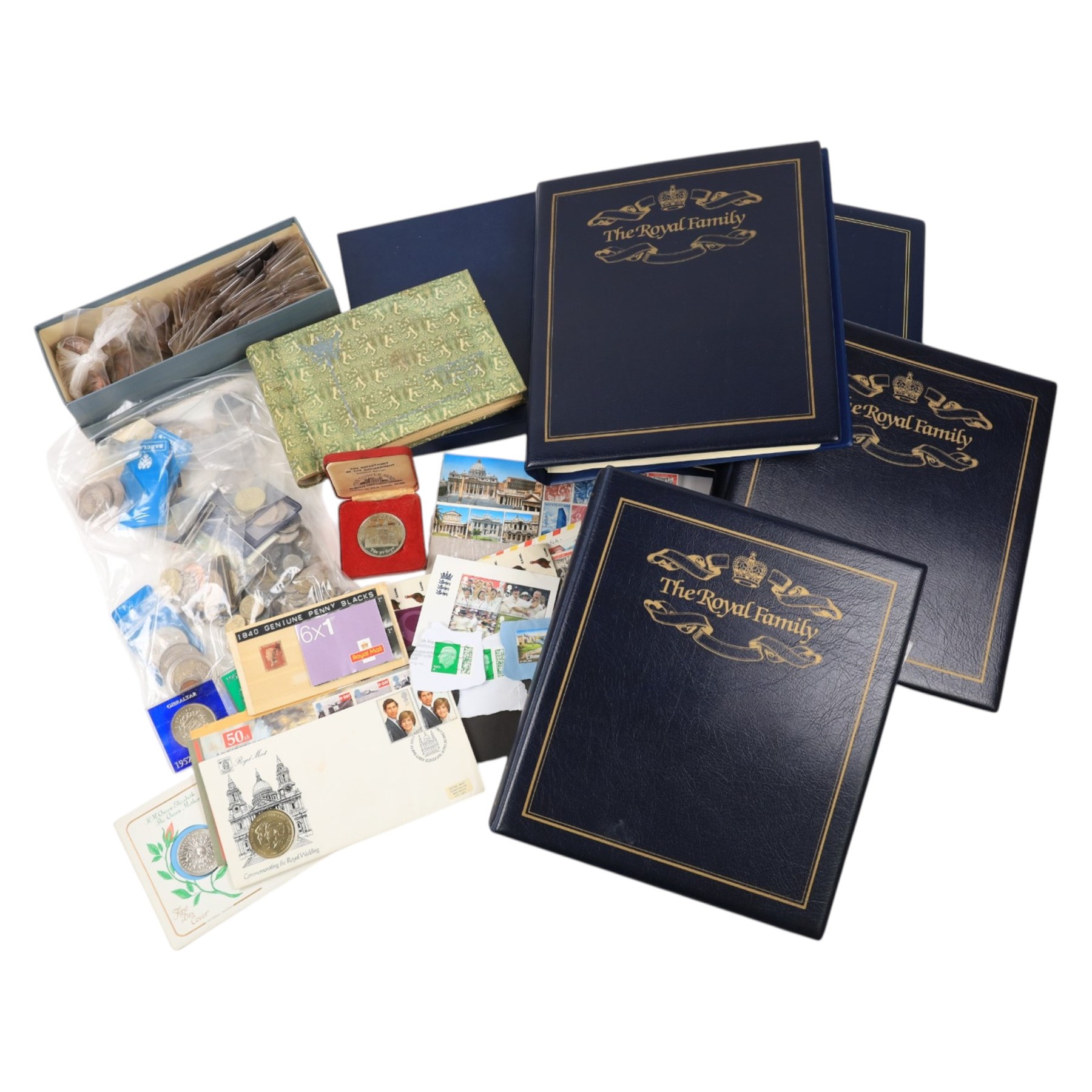 Great British and World coins and stamps, including The Queen's Golden Jubilee and The Royal Family cover collections, commemorative crowns, etc