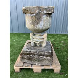 17/18th century stone font on square plinth - THIS LOT IS TO BE COLLECTED BY APPOINTMENT FROM DUGGLEBY STORAGE, GREAT HILL, EASTFIELD, SCARBOROUGH, YO11 3TX