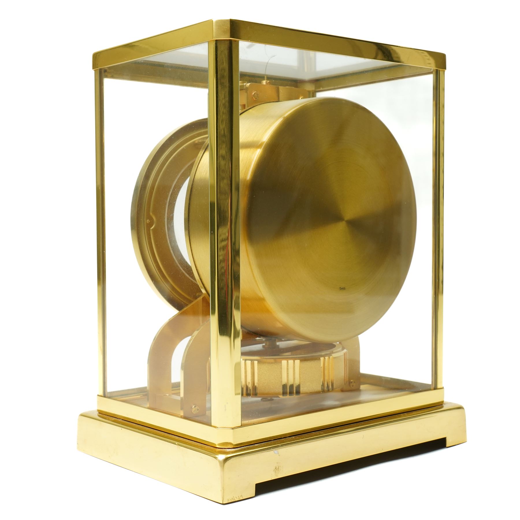 Jaeger- LeCoultre Atmos clock No.291241, with white dial in brass and five glass case and outer carrying case with instruction booklet and original receipt dated 1970 H22cm