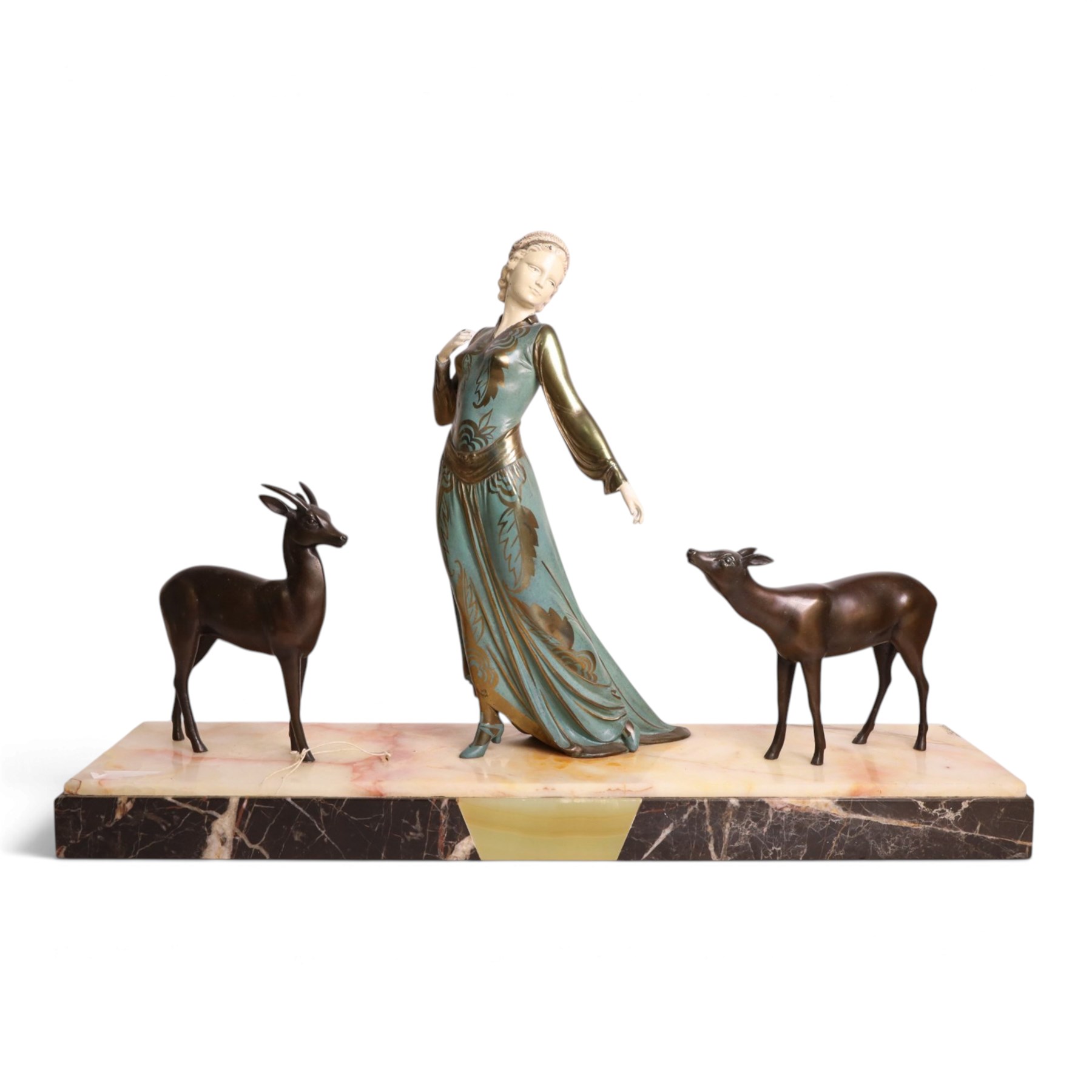 Art Deco painted spelter figure group, a lady and two deer, upon a rectangular marble base, signed Roggia, H44cm