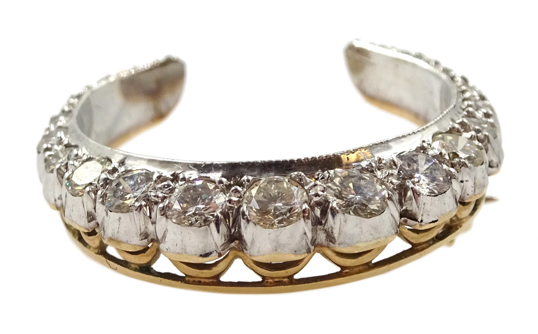 9ct white and yellow gold graduating diamond crescent moon brooch, London 1973, total diamond weight approx 0.80 carat