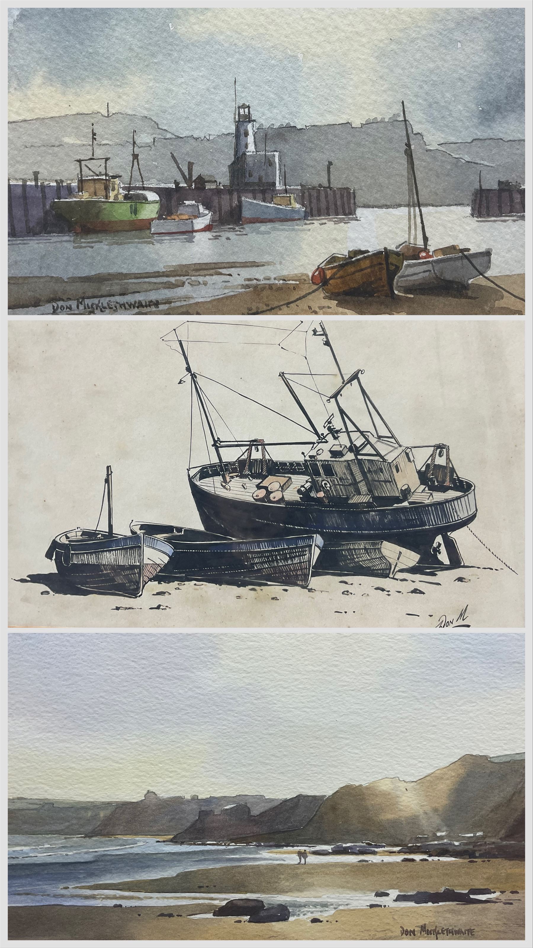 Don Micklethwaite (British 1936-): 'Inner Harbour - Scarborough' 'Cayton Bay' and 'Blenheim', two watercolours and one pen and ink sketch signed, all with titles verso max 21cm x 30cm (3)