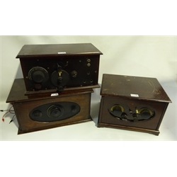  Marconi oak cased mains receiver with hinged top W46cm and two other similar receivers with mahogany cases (3)  