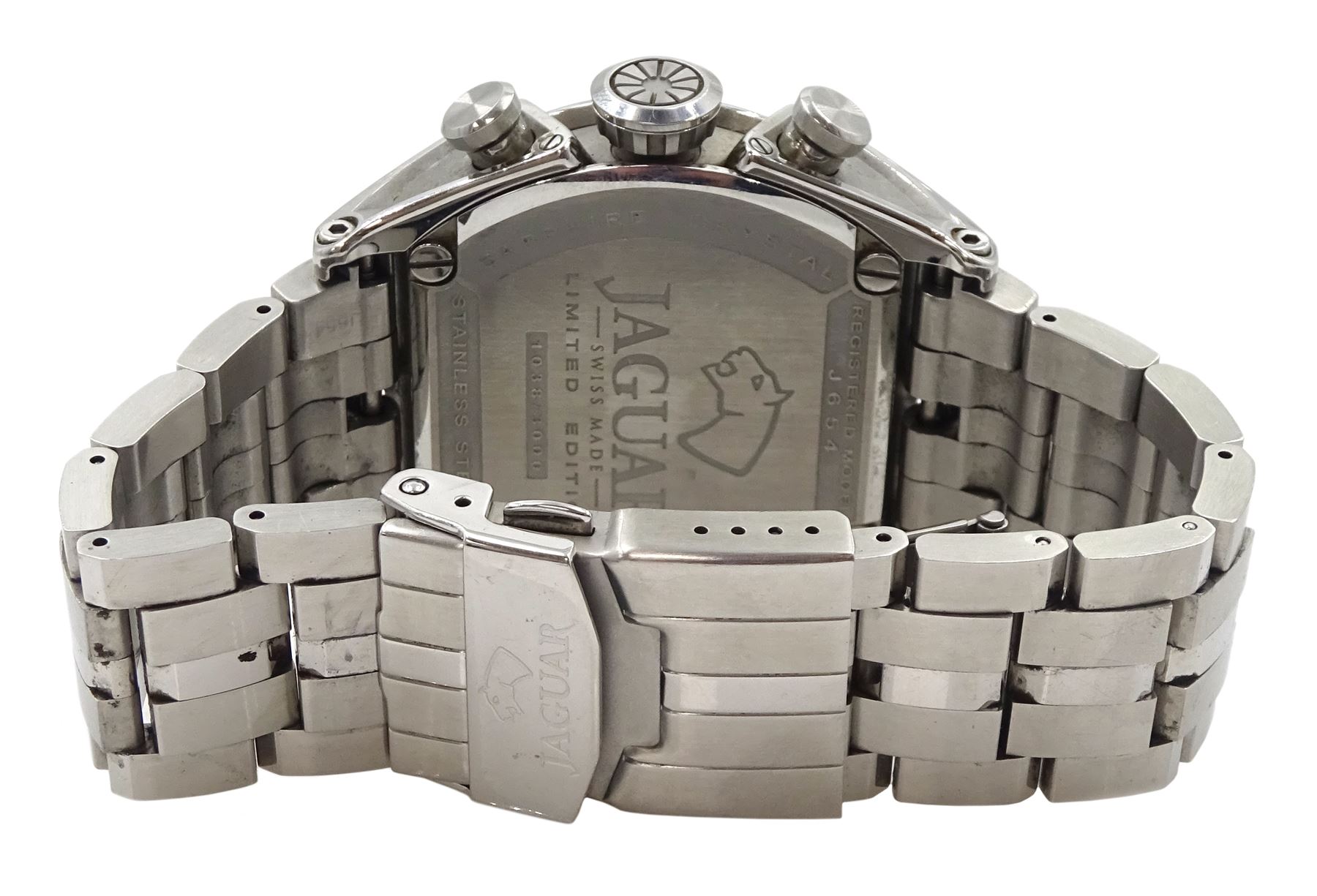 Jaguar gentleman's stainless steel chronograph quartz limited edition wristwatch, Ref. J654, silvered dial with triple register recording hours, minutes and continuous seconds and date aperture, on original stainless steel strap, with fold-over clasp