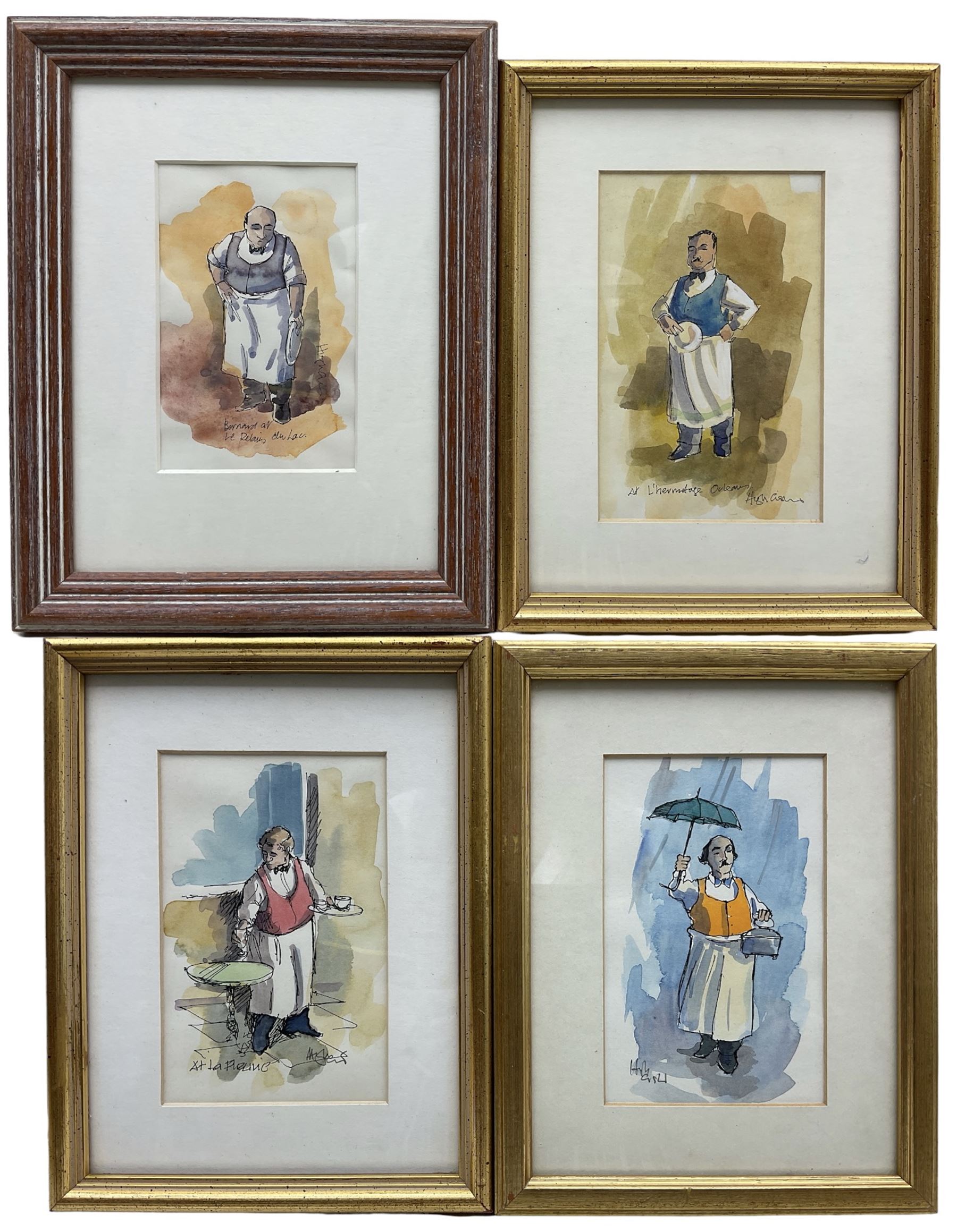 Hugh Cushing (British 20th century): 'Cafe at La Fleurie' 'Claude on Pub Duty' 'At L'Hermitage Orleans', 'Bernard at le Relais du Lac', set four pen and watercolours signed and titled 14cm x 9cm