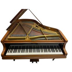  Antonin Petrof - Walnut overstrung baby grand piano, 7 0catve 85 key compass with original strings, tuning pins, damper felts and hammer heads, with roller keyboard action and iron frame, sustaining and una-corda pedals, sliding open lattice music desk, supported on square tapering legs with brass cups and castors, with inner ebonised key fall and ivorine label inscribed 'Supplied by Harrods, London'.