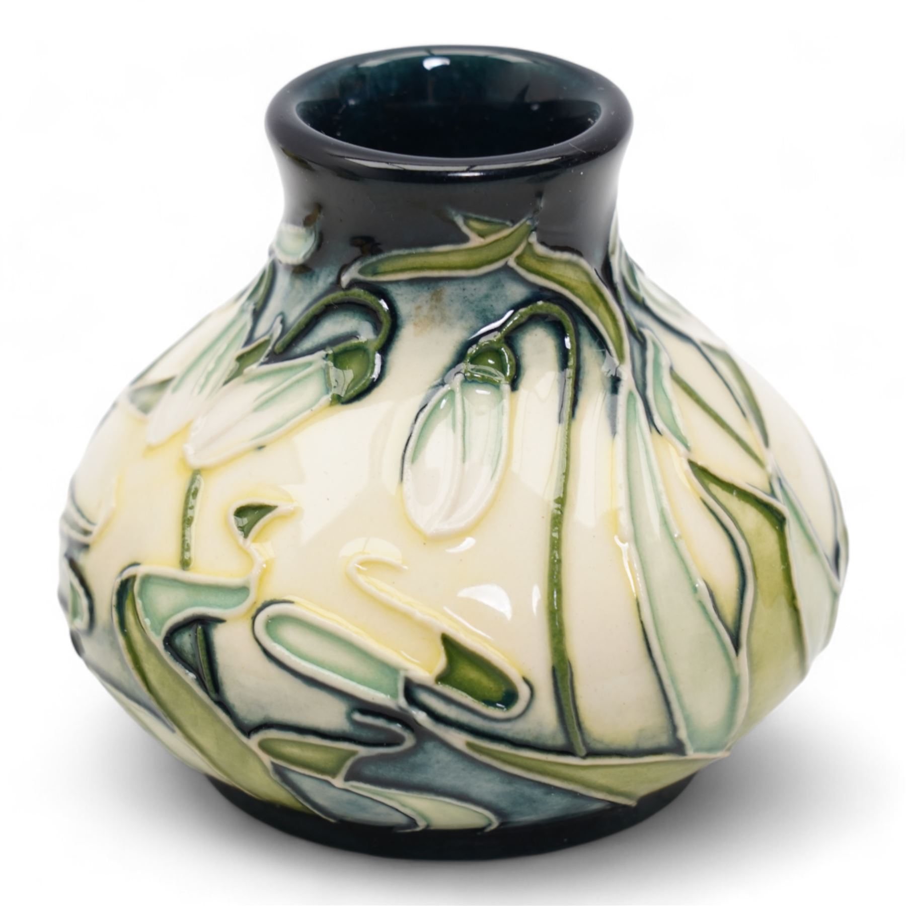 Seven Moorcroft miniature vases, various patterns including snowdrops, beetles, insects, cat fish etc, H6cm max (7)