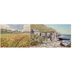 Eleanor Ludgate (British, 20th century): 'Poppy Field Near Ottery St Mary', watercolour signed, labelled and dated 1991 verso; P H Pearce (Cornwall 20th century): Penzance Boats on Coast, pastel signed max 24cm x 34cm (2) 