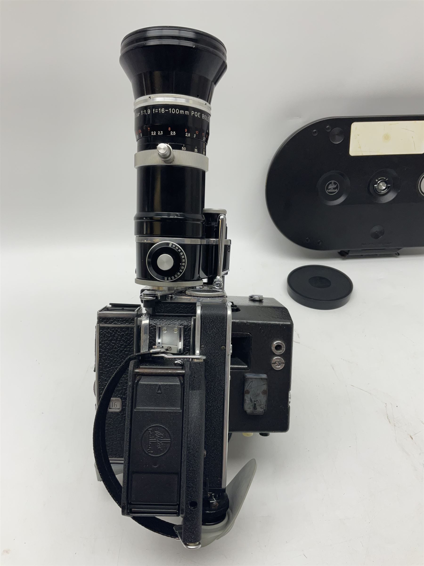 Bolex H16 RX5 camera body, serial no. 245758, with ' Kern Paillard Vario Switar 1:1.9 f=16-100mm POE Bolex H16RX' lens, Bolex 400ft magazine, etc, all in Bolex large flight case