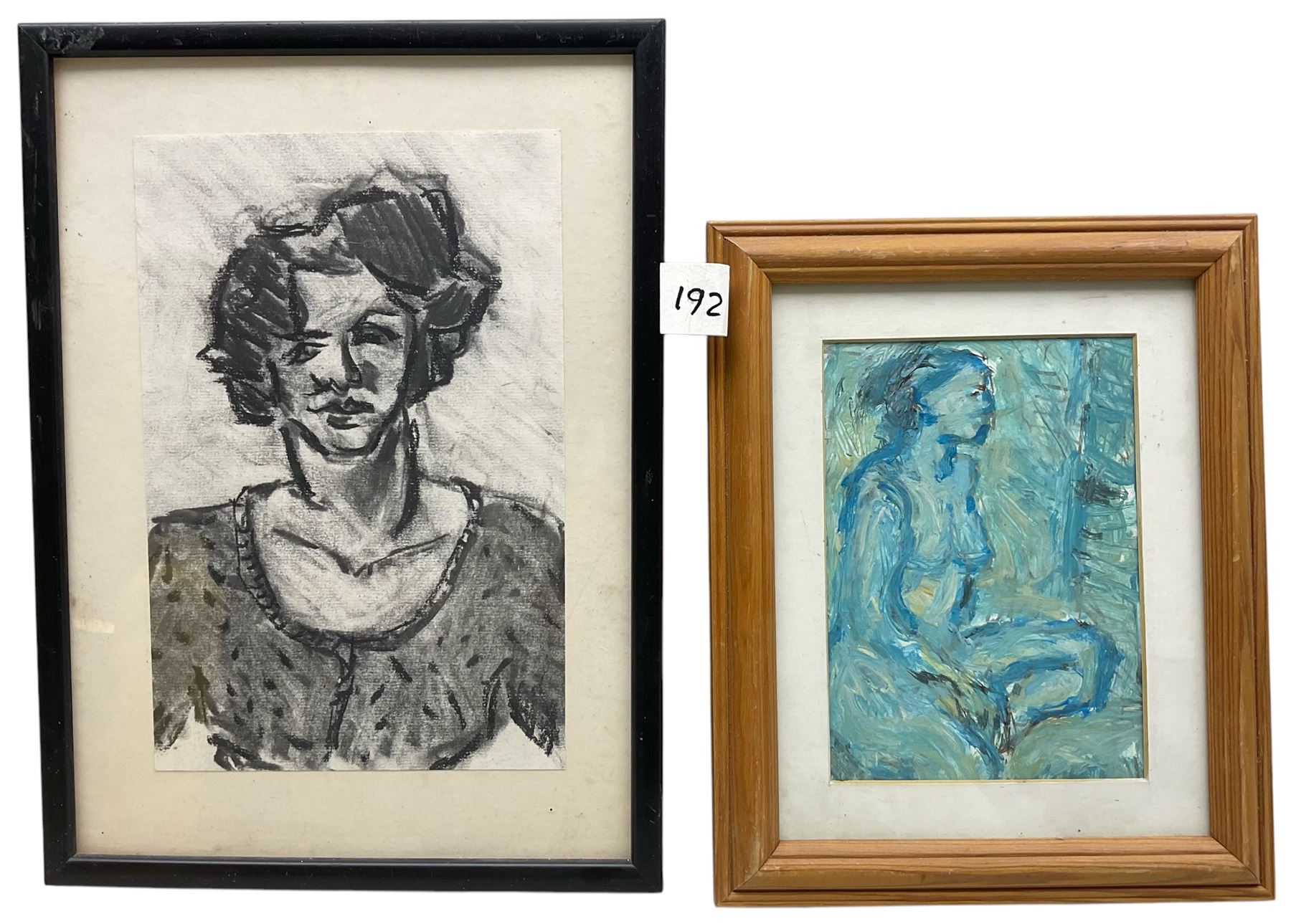 Barry De More (Northern British 1948-2023): 'Small Blue Nude' and 'Portrait of Marisa with Patterned Top', charcoal and watercolour on paper, each signed titled and dated 2010 and 2018 verso, max 24.5cm x 16cm (2)
Notes: Acclaimed as one of the North's greatest expressionist artists, Barry De More (1948-2023) used a heavy impasto style to transfer his love of Yorkshire landscapes, townscapes and people to canvas. His work sits comfortably in the company of work by Kossoff and Auerbach, selling to collectors in the UK and overseas. De More's work can be found in the permanent collection of work by Northern Artists at Dean Clough, one of the UK's largest contemporary art galleries.