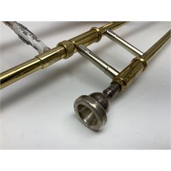Sebastian Bucklet Aquae Sulis copper and brass trombone No.0910004; in lightweight carrying case; and Kinsman folding tubular chrome music stand in case (2)