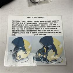 Mk.4 Flight Helmet, as used by RAF and Civilian helicopter pilots; in RAF sand colour (desert use),  fitted with cloth visor cover and working boom mike; has had a complete refit and is bench tested.