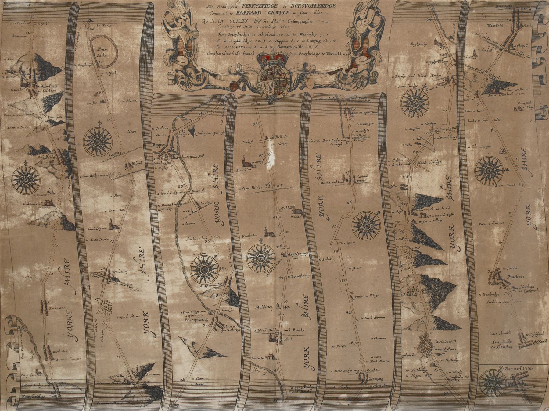 John Ogilby (British 1600-1676): 'The Road from Ferrybridge to Boroughbridge Continued to Barnard Castle', 17th century engraved strip map with hand colouring 35cm x 46cm