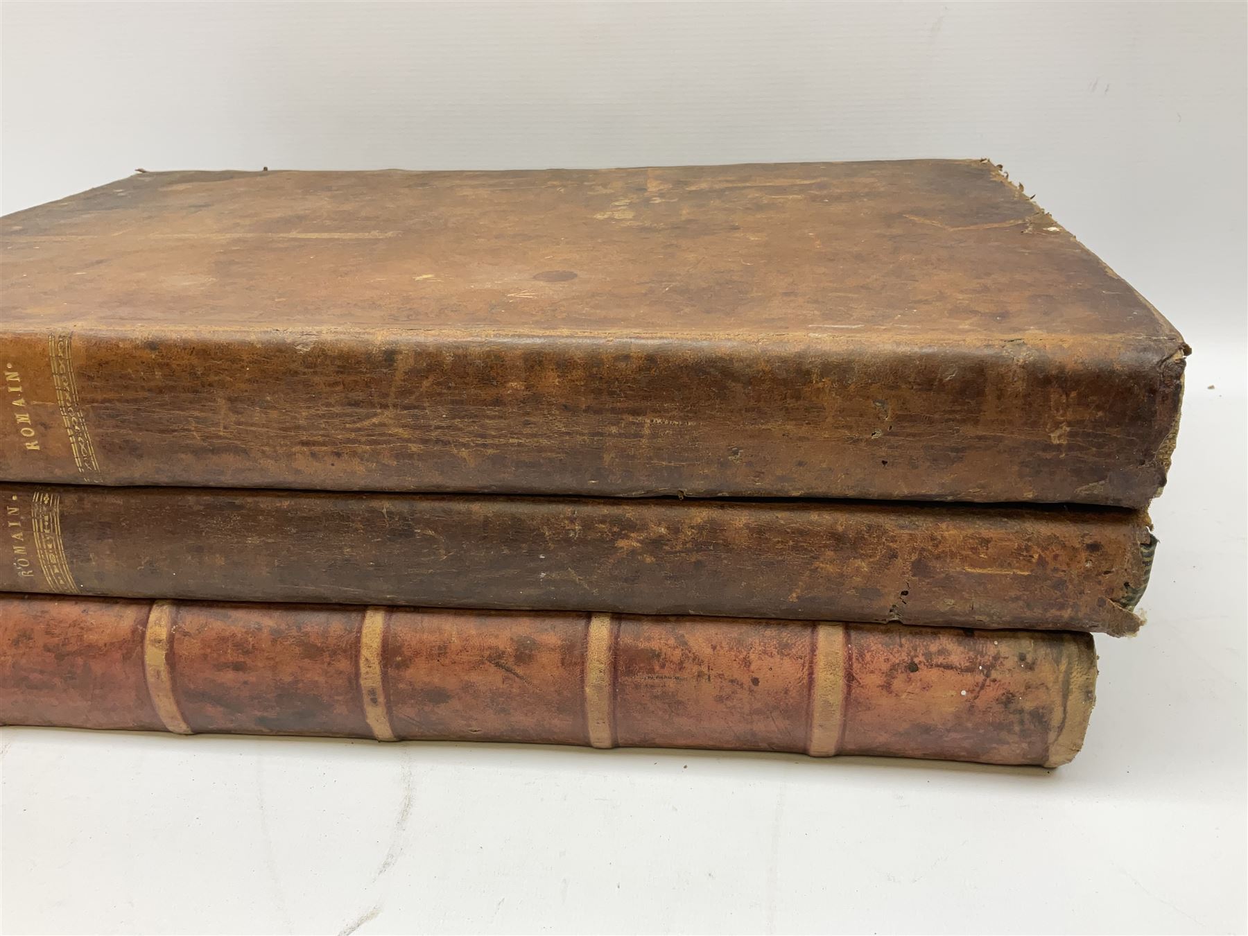 Six 19th century leather bound books of music comprising Graduale Juxta Missale Romanum and Antiphonarium Romanum. Both 1828 Divione; Graduel Romain and Psautier Romain. Both 1859 Digne/Paris; Graduel Romain. 1872 Marseille; and Missale Romanum. 1853 Mechliniae (6)