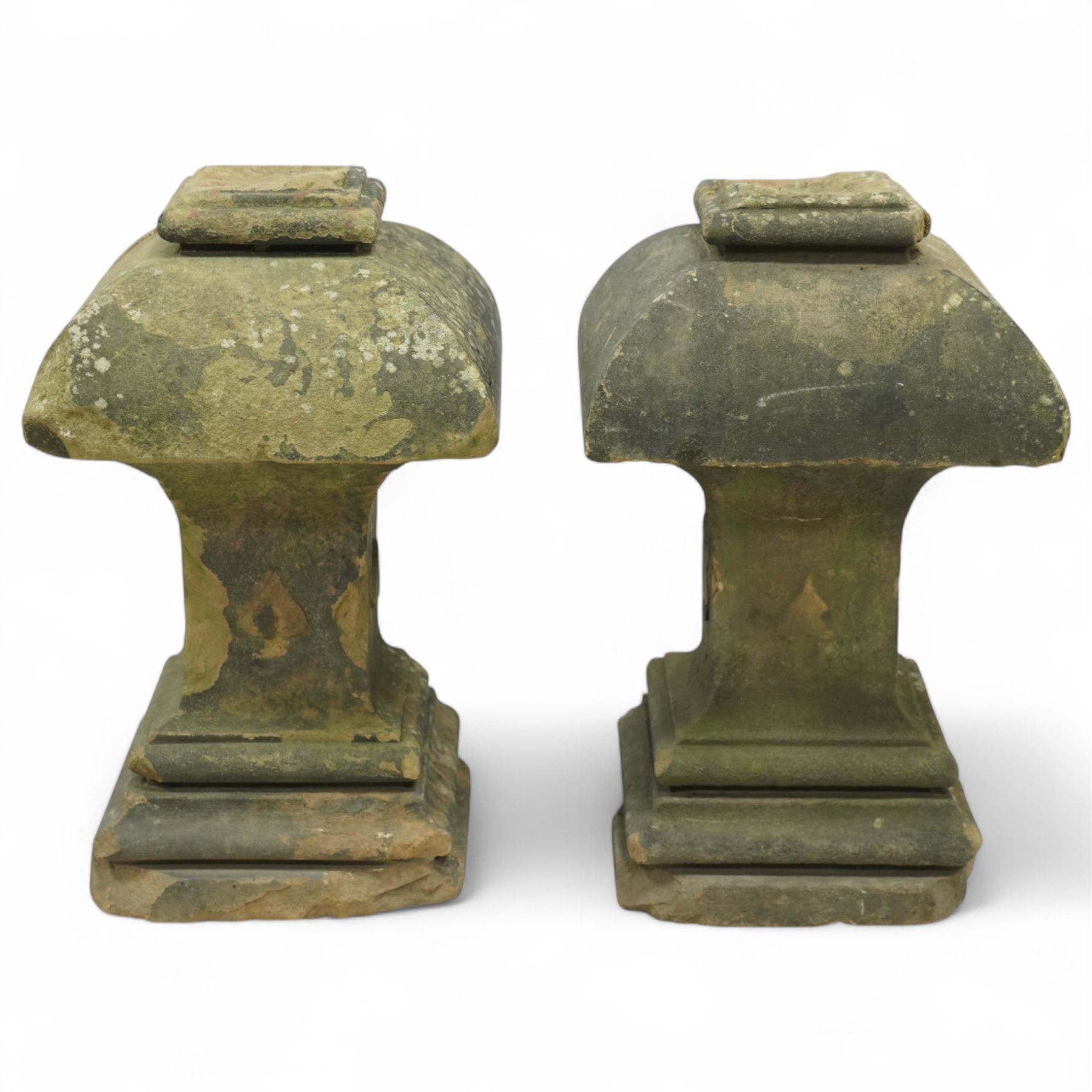 Pair of late 19th century sandstone finials, of square tapering form with with chamfered edges and on a plinth base