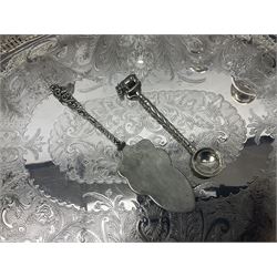 Glass claret jug, with silver plated top, together with other silver plate, to include pair of candelabras and tray with claw feet, jug H30