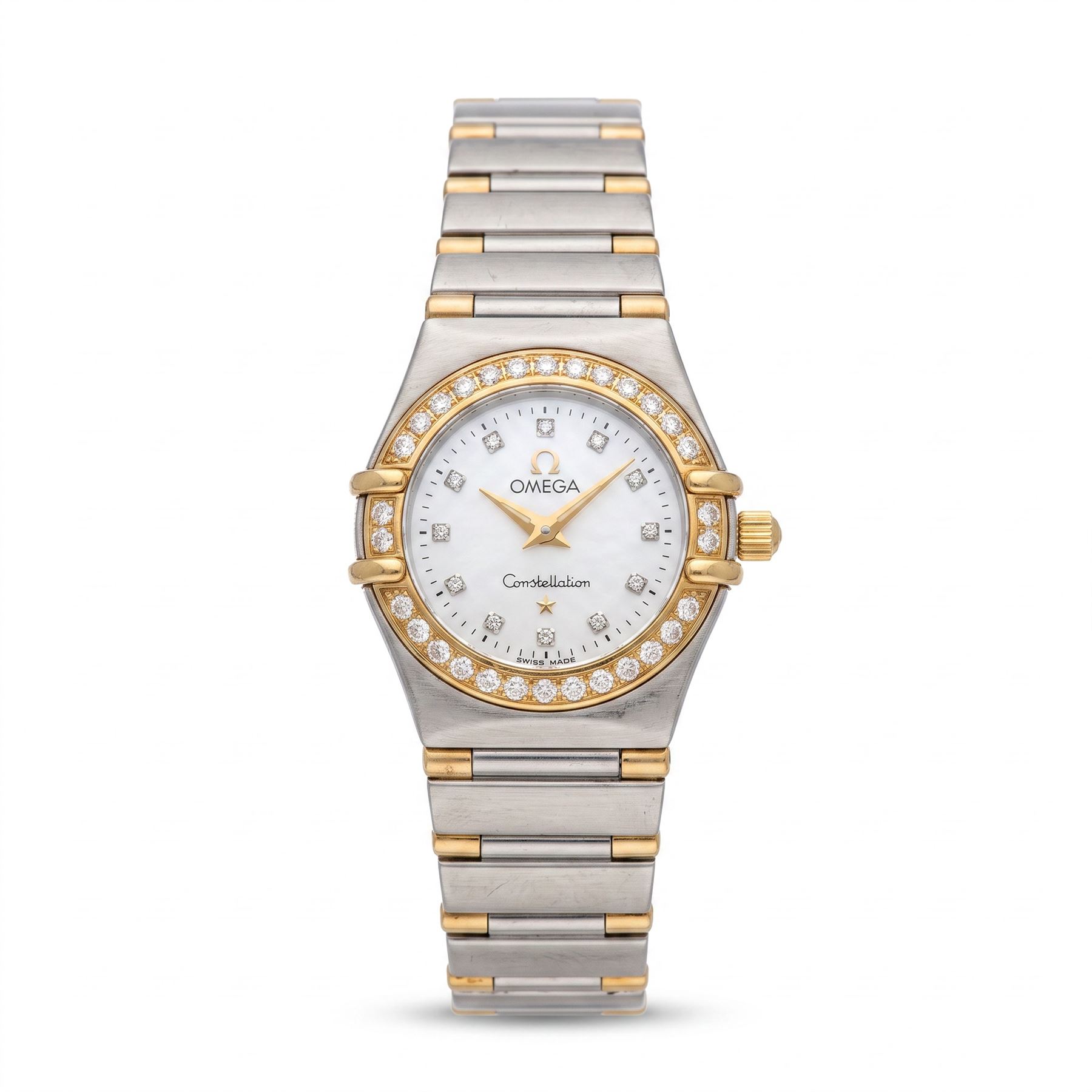 Omega Constellation ladies gold and stainless steel quartz wristwatch, 895.1203, Cal 1456, mother of pearl dial with diamond hour markers and diamond bezel, on integral gold and stainless steel bracelet, with fold-over clasp, boxed