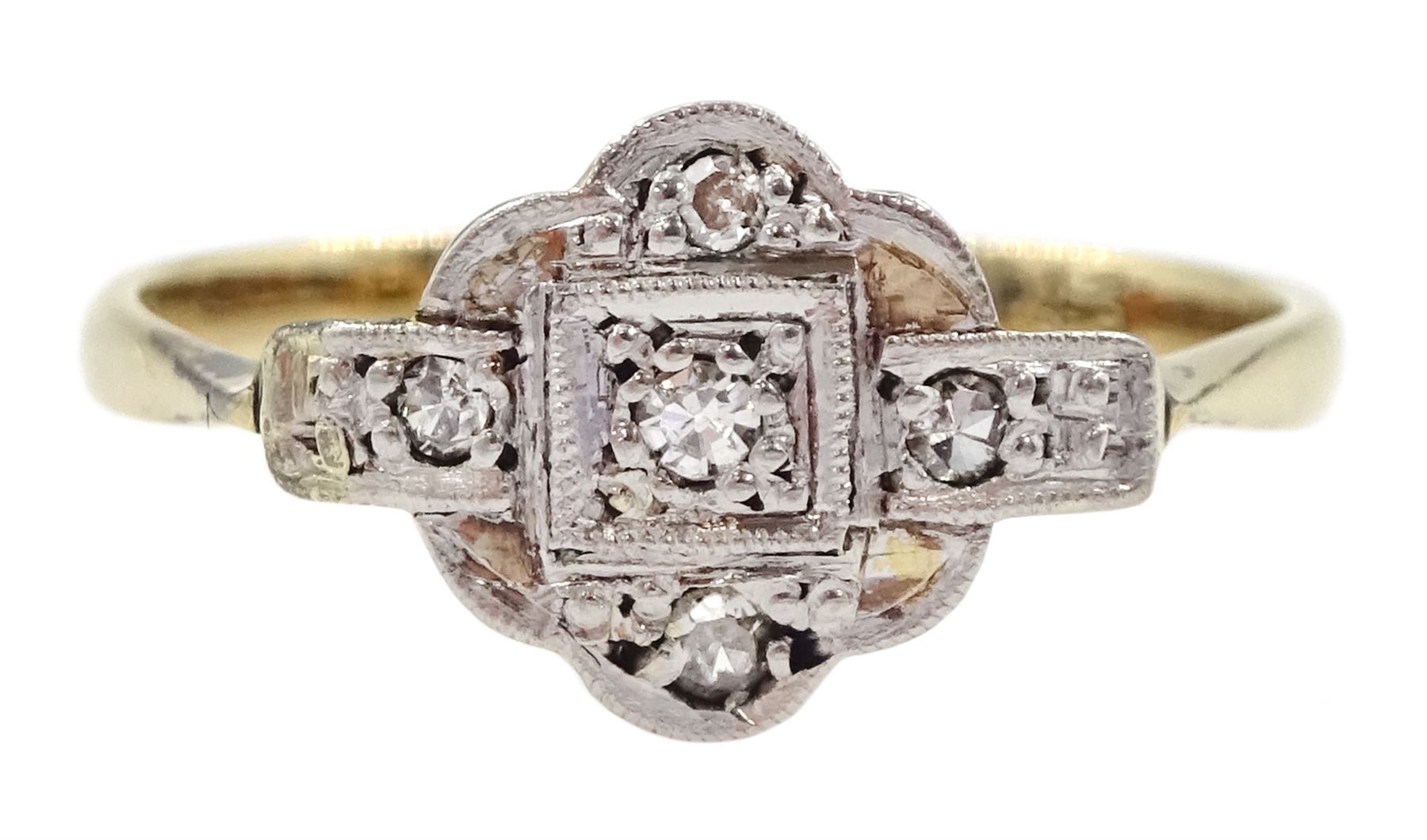 Art deco gold and platinum milgrain set diamond ring, stamped 9ct & Plat