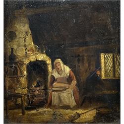 English Primitive School (19th century): Interior Scene with Woman by Hearth, oil on board unsigned 18cm x 17cm