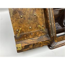 Victorian walnut correspondence box, the sides painted to produce a figured effect, the burr front with twin sloped doors opening to reveal a compartmented interior fitted with pen tray, inkwell recesses, letter rack and removable perpetual calendar, above a hidden lower drawer opened via spring action button to interior, H32.5cm W33.5cm D26cm