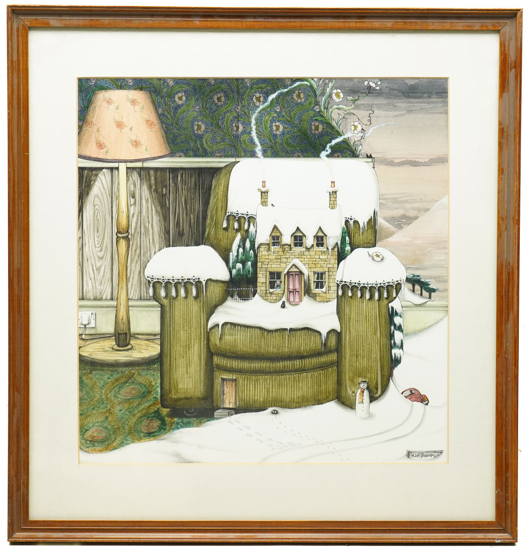Colin Thompson (British/Australian 1942-): House in Snow on Armchair Illustration, ink and watercolour signed 39cm x 37cm Notes: Featured in Thompson's the 'Pictures of Home' book, commissioned by Leeds Permanent Building Society, page 24.