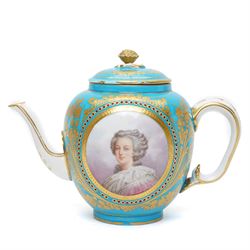 Sevres dejeuner 'Bleu turquoise' tea service for six covers, decorated by Charles-Eloi Asselin, comprising six teacups and saucers, teapot, milk jug and covered sucrier, the bleu de ciel ground painted with portraits of the French courtiers, each piece with name to base (some rubbed) of those depicted, to include Marie Antoinette (teapot), Madame de Montesson, Madame du Barry, Madam de Genlis, Madame Elizabeth (sucrier), Madame de Lamballe (milk jug) Madame Victoire, and two others unidentified, within finely painted gilt surround, each portrait encircled by red jewelled borders, the saucers with corresponding monograms within similar floral gilt and jewelled borders, Sevres mark to base with painted 'ee', dating these 1782, teapot H14cm 