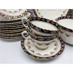 Early 19th century Royal Albert Imari pattern part tea service, comprising eight teacups, eleven saucers, twelve side plates, open sucrier, and two larger plates, all stamped beneath