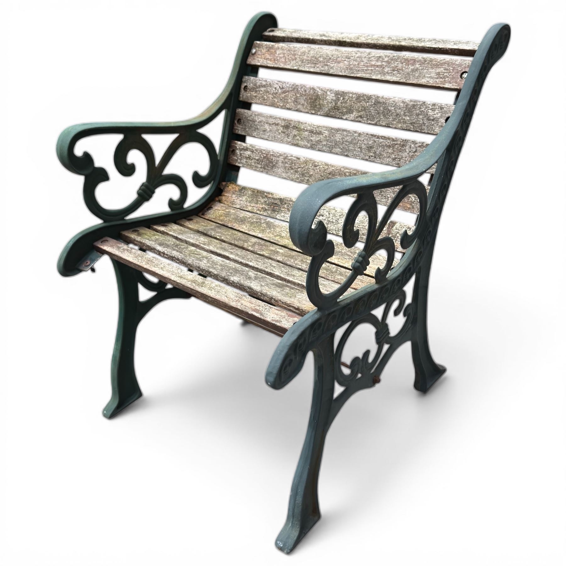 Pair of cast iron and wooden slatted chairs