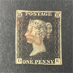 Great Britain Queen Victoria penny black stamp with red MX cancel and 1840 two pence blue stamp with black MX cancel