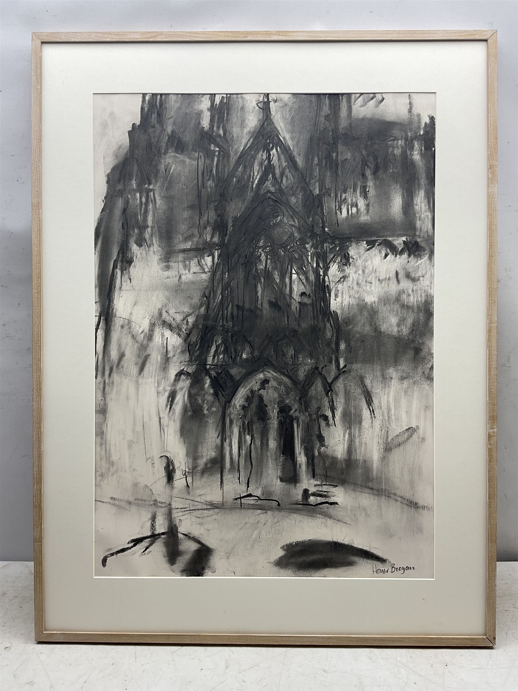 Honor Brogan (British Contemporary): 'Lichfield Cathedral - West Front', charcoal signed, titled and dated 2001 on exhibition label verso 83cm x 58cm